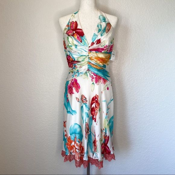 Carmen Marc Valvo Silk Floral Tropical Halter Rouched Dress Size 10 ✨NWT - Picture 1 of 9